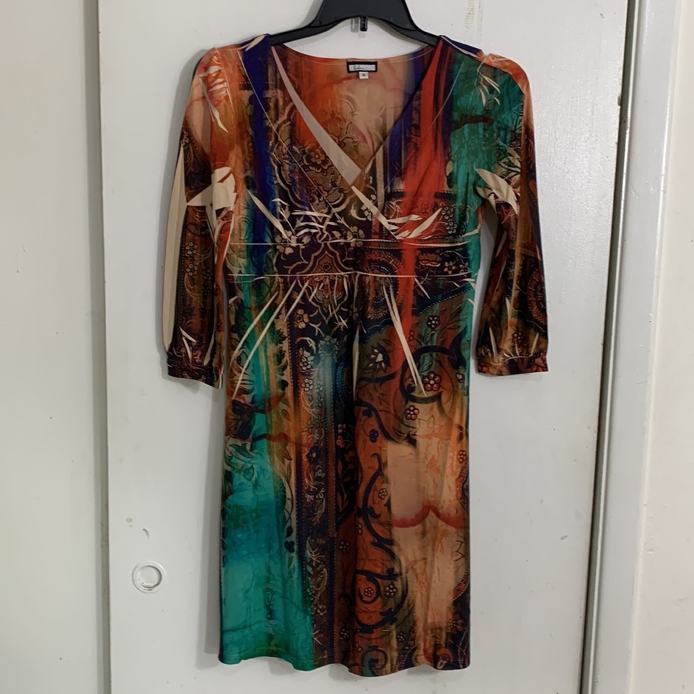 Believe Fit & Flare Dress Womens Size S Multicolor Floral Tie Dye 3/4 Sleeve